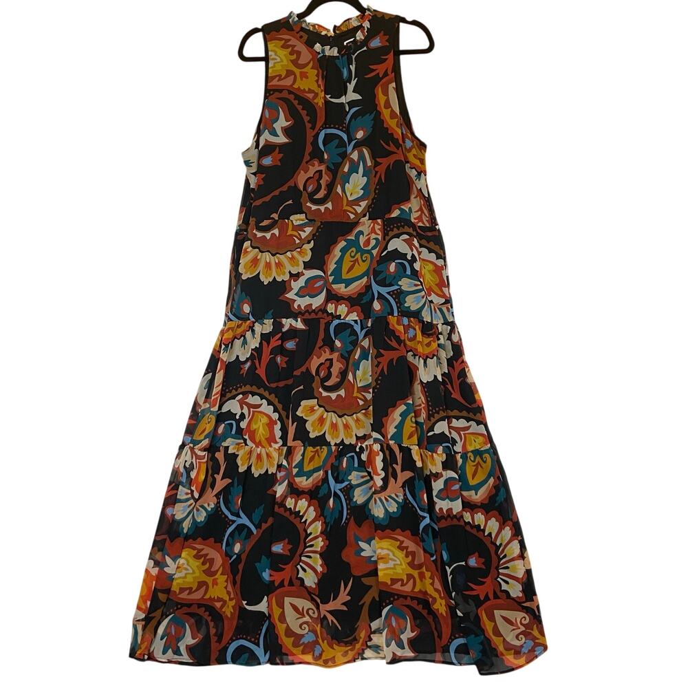 Chico's Paisley Earth Tone Tiered High Neck Sleeveless Maxi Dress Size Large